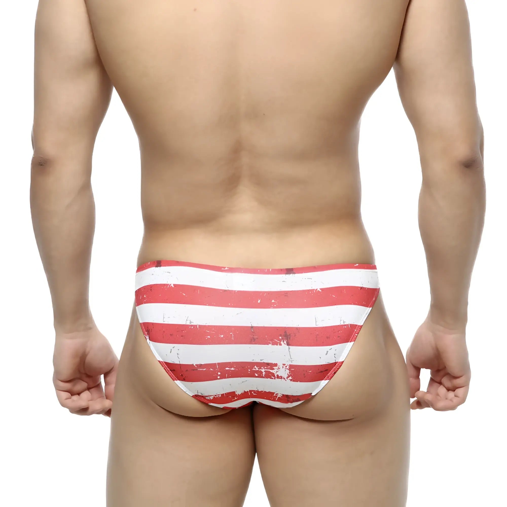 MetroMaleWear Batalla Hip Bikini red and white striped swim trunks with a distressed vintage look for beachwear