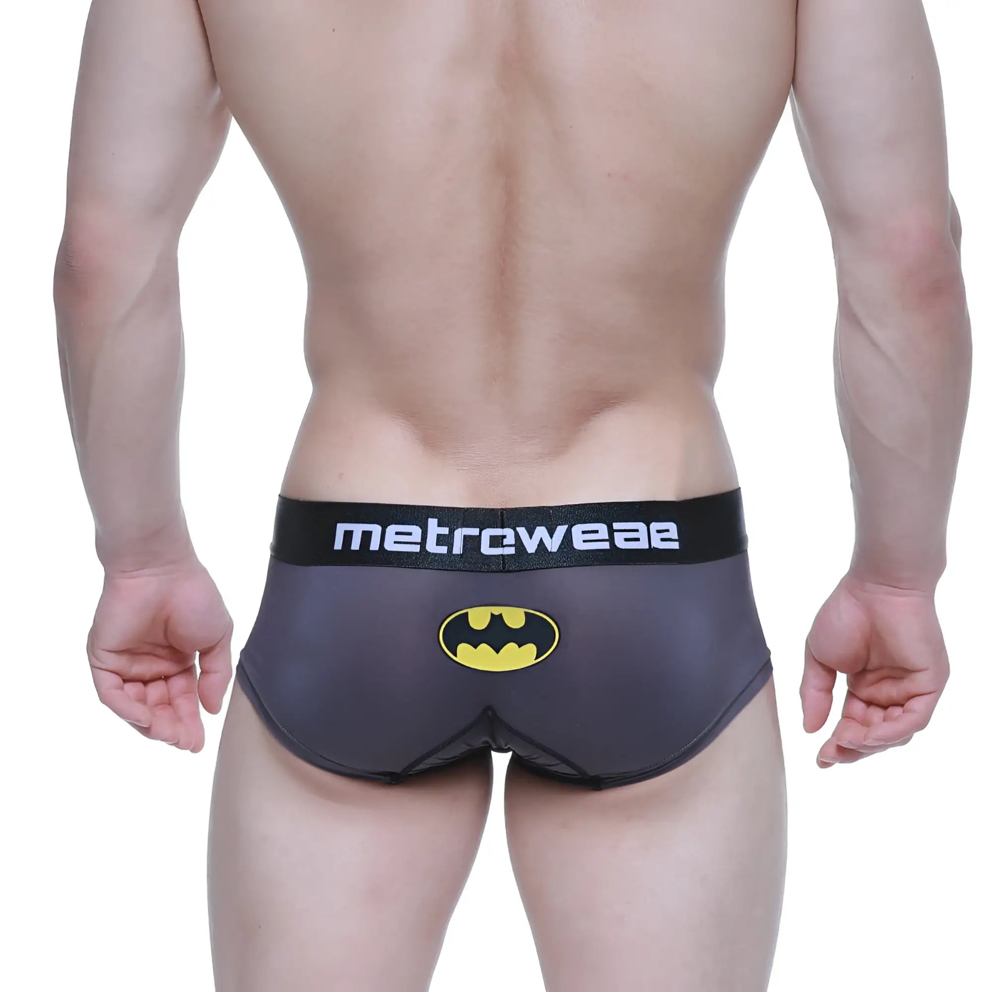 Black batman-themed MetroMaleWear mini boxer briefs with yellow bat emblem and metroWeave branded waistband
