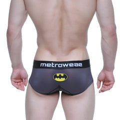 Black batman-themed MetroMaleWear mini boxer briefs with yellow bat emblem and metroWeave branded waistband