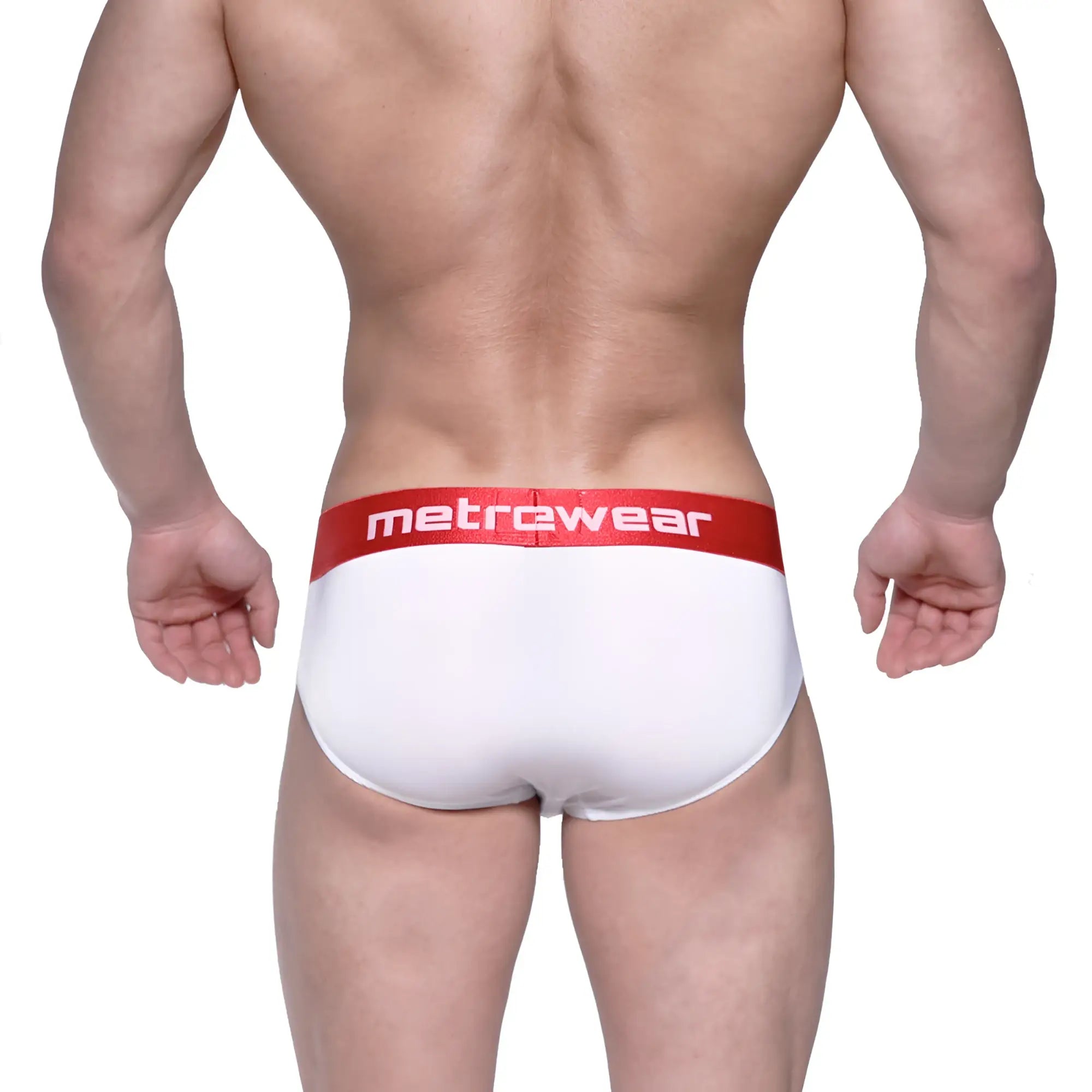 White men’s briefs with red waistband featuring metrewear logo metroMalewear benjamin hip brief 5003-02
