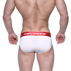 White men’s briefs with red waistband featuring metrewear logo metroMalewear benjamin hip brief 5003-02