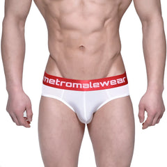 White briefs with a red waistband featuring the metromalewear logo from the MetroMaleWear Benjamin Hip Brief 5003-02 collection
