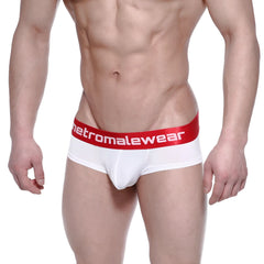 White men’s briefs with a red waistband featuring the metromalewear logo in white from metro malewear benjamin mini cheek boxer 2025-02