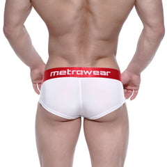 White briefs with a red waistband featuring the metrewear logo in white from MetroMaleWear Benjamin Mini Cheek Boxer 2025-02