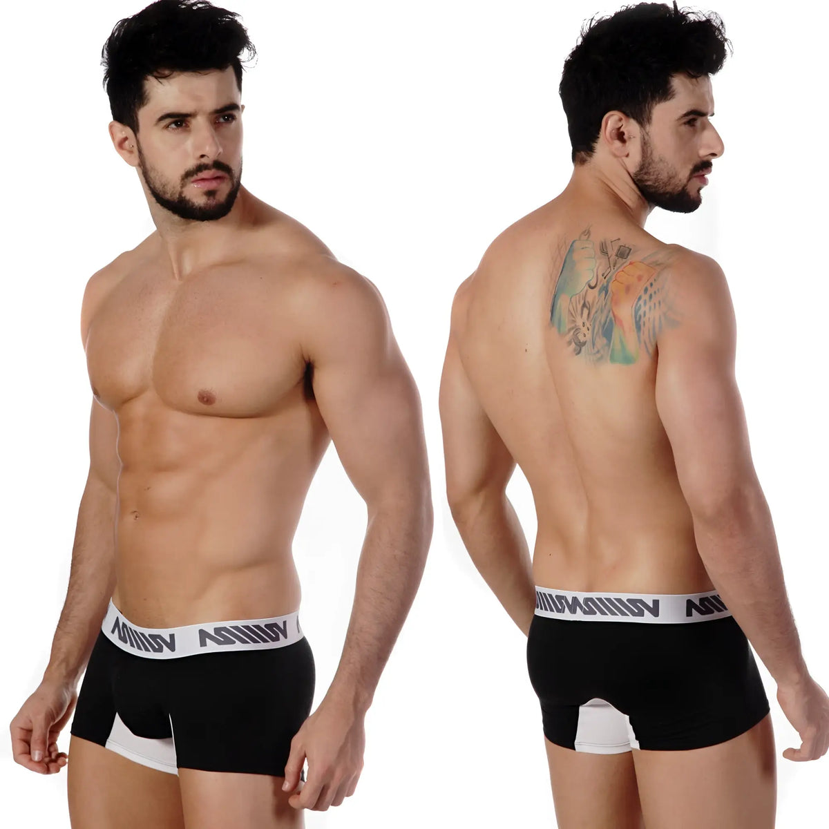 Black metro malewear bi-color short boxer briefs heather 3022-32 with white trim and repeating logo band
