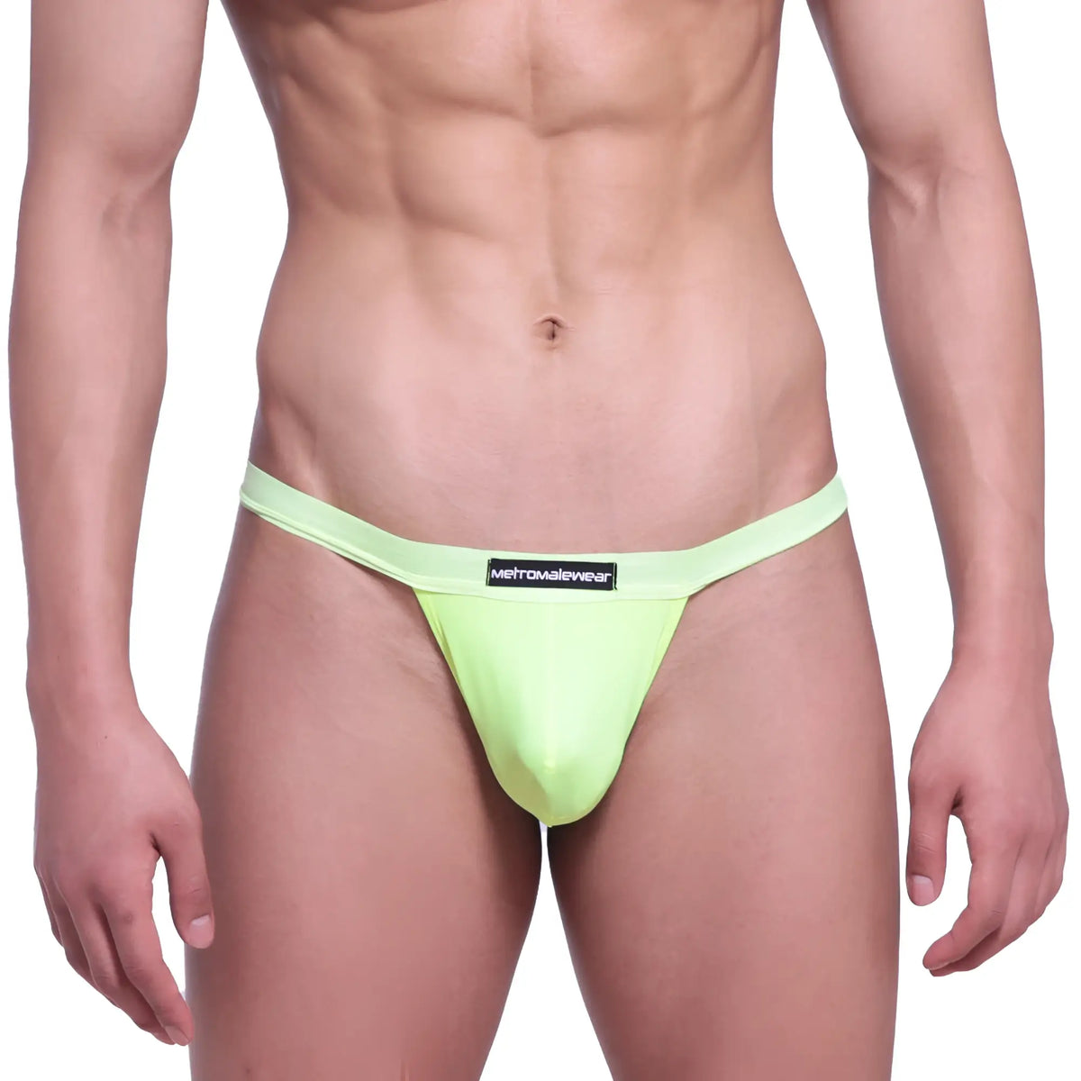 Bright lime green metro malewear big pouch thong with black brand label on the waistband in neon green 1402-07