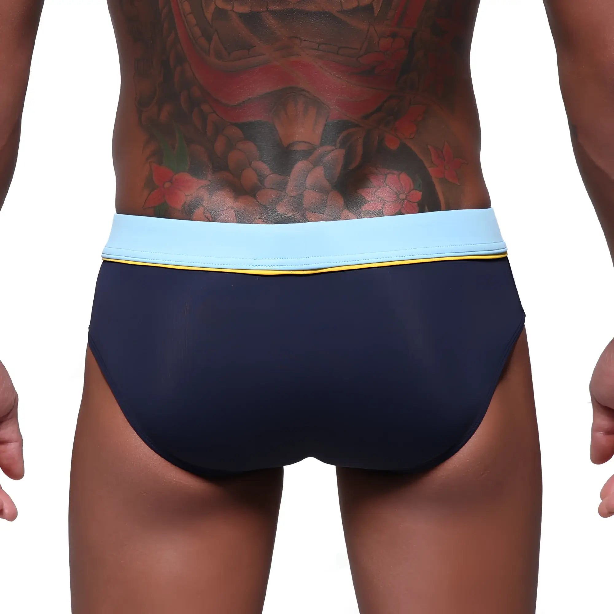 Navy blue MetroMaleWear Bing Sport swim briefs with light blue waistband and yellow trim for active swimming