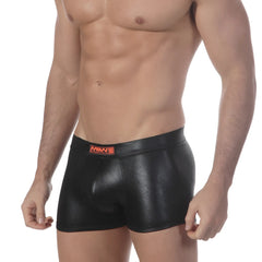 MetroMaleWear black shiny faux leather boxer briefs with red logo waistband metro trunk 2017-20 front view