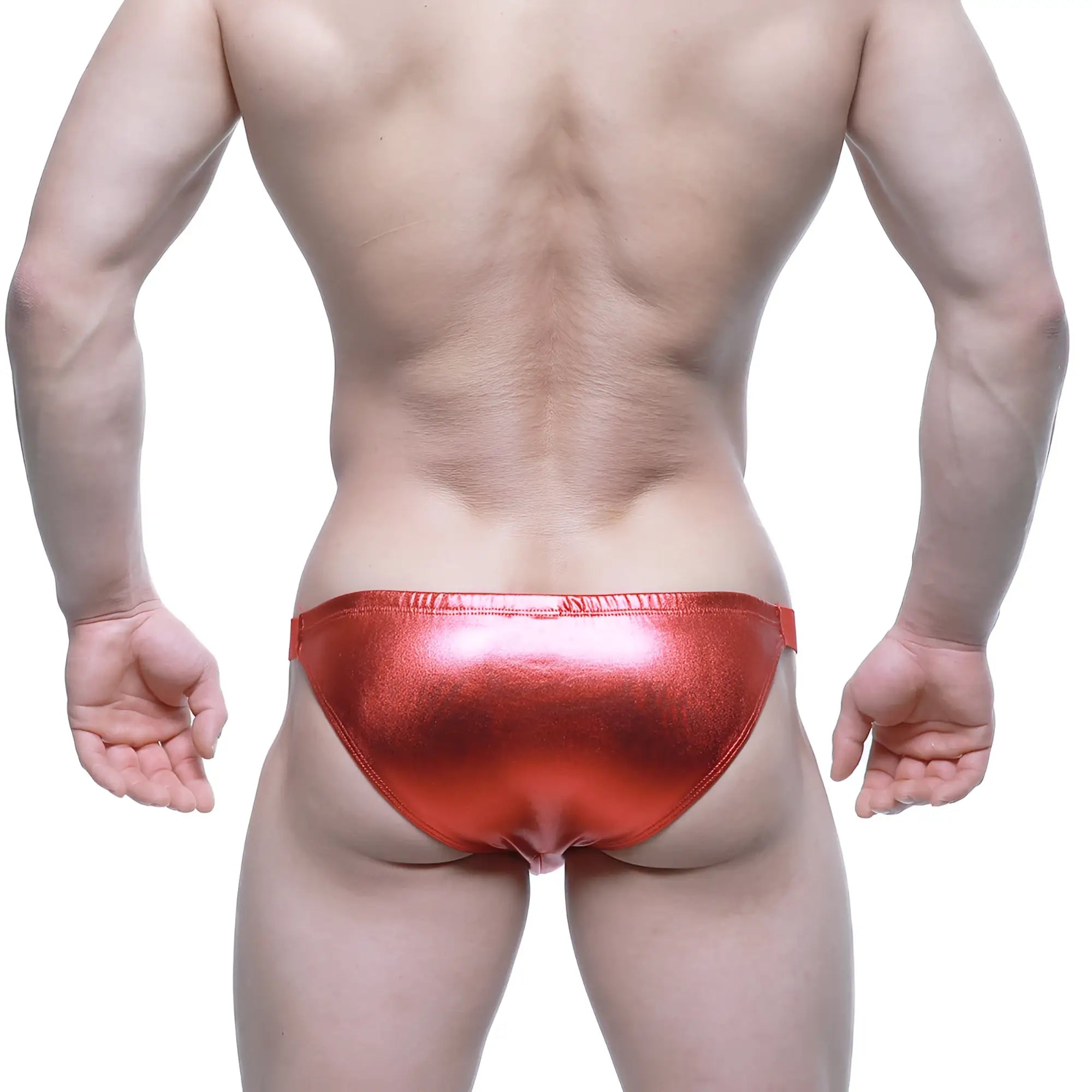 Shiny red metallic metro malewear bling bikini briefs showcasing vibrant crimson color and sleek design