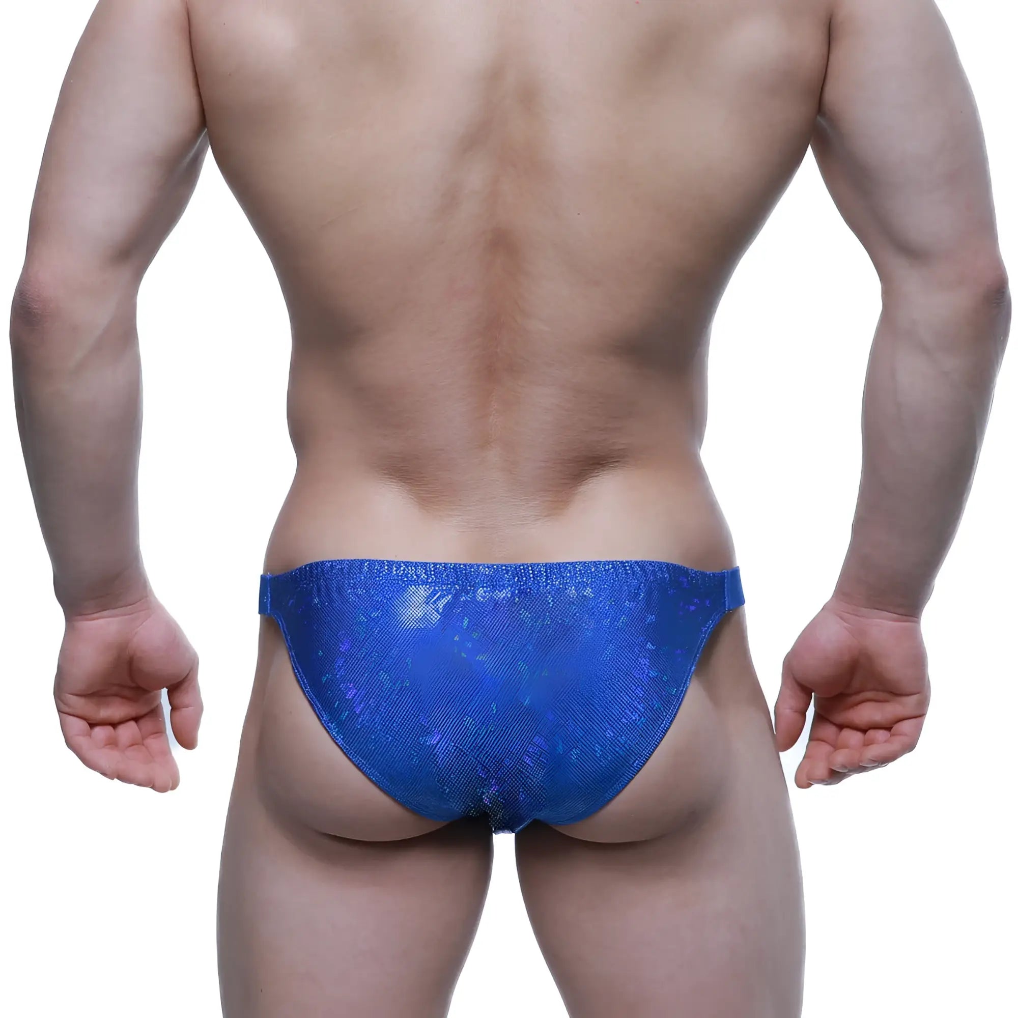 MetroMaleWear bling bikini royal blue swim trunks with vibrant blue sequins and a shimmering textured finish