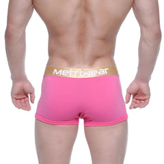 MetroMalewear body boxer briefs pink with a gold waistband and white lettering for comfortable daily wear