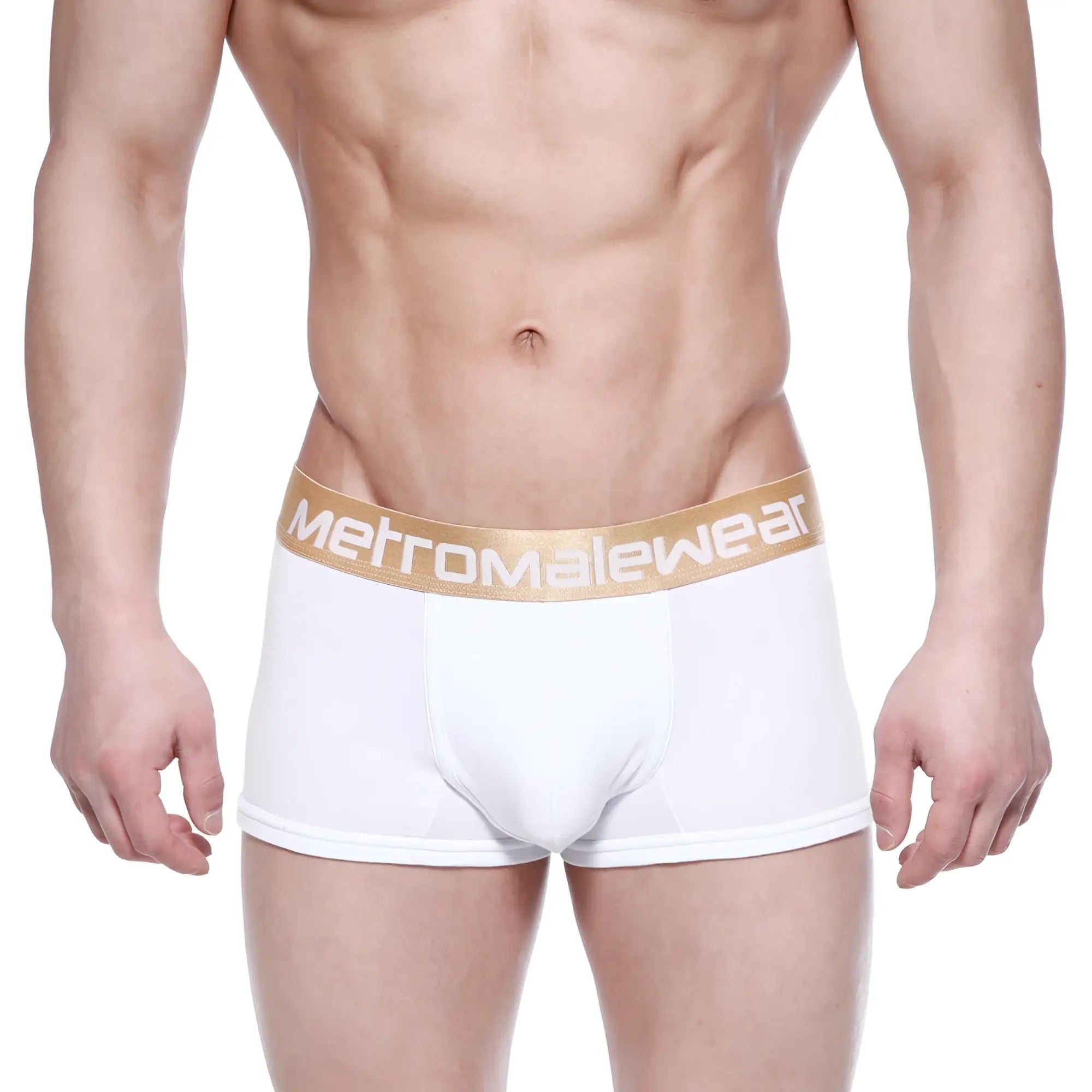 White men’s briefs with a gold waistband featuring metromalewear logo metroMalewear body boxer brief white 1023-00