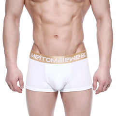 White men’s briefs with a gold waistband featuring metromalewear logo metroMalewear body boxer brief white 1023-00