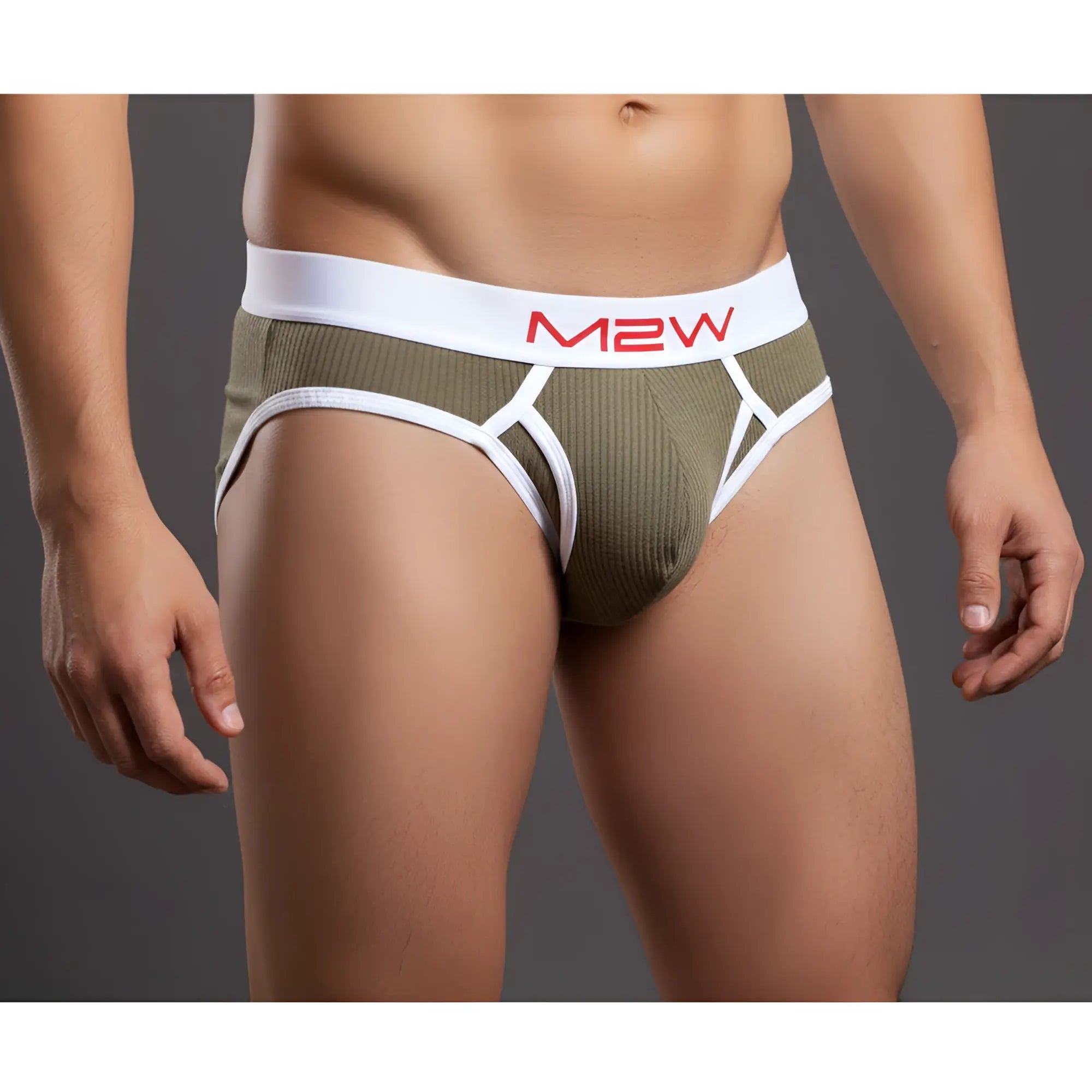 Male olive green striped ribbed brief with white waistband and red m2w logo from metromalewear bold 1103-06
