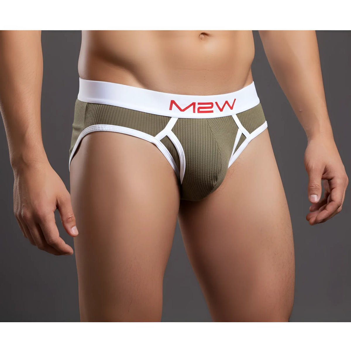 Male olive green striped ribbed brief with white waistband and red m2w logo from metromalewear bold 1103-06
