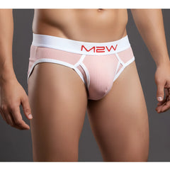 Pink ribbed men’s briefs with white elastic waistband and red m2w logo from MetroMaleWear bold ribbed brief 1103-14