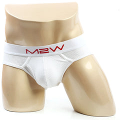 White m2w brand briefs with ribbed texture and red logo on waistband metro male wear bold ribbed brief white 1103-04