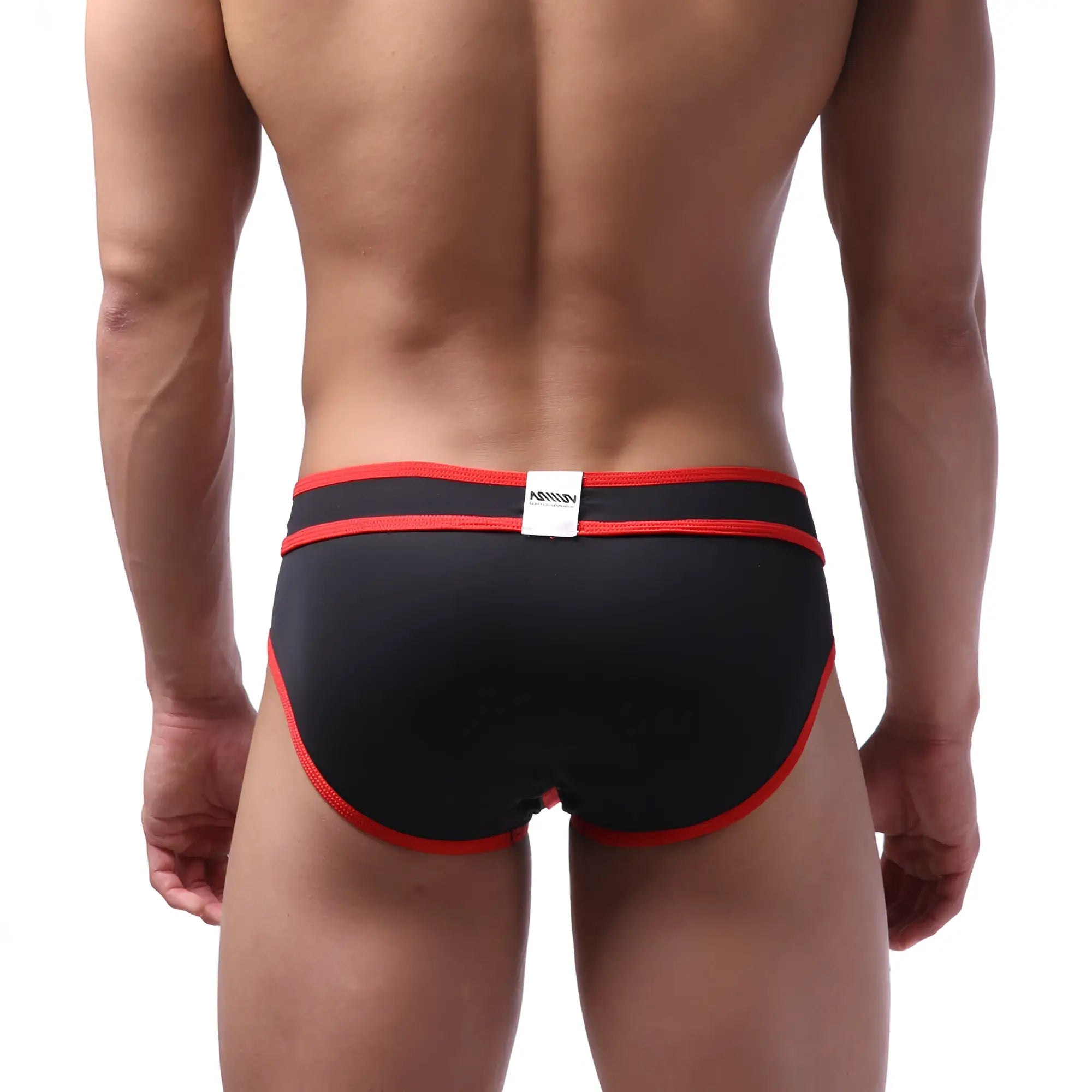 Black briefs with red trim and white waistband label metroMaleWear bold swim brief red 4961-12 front view