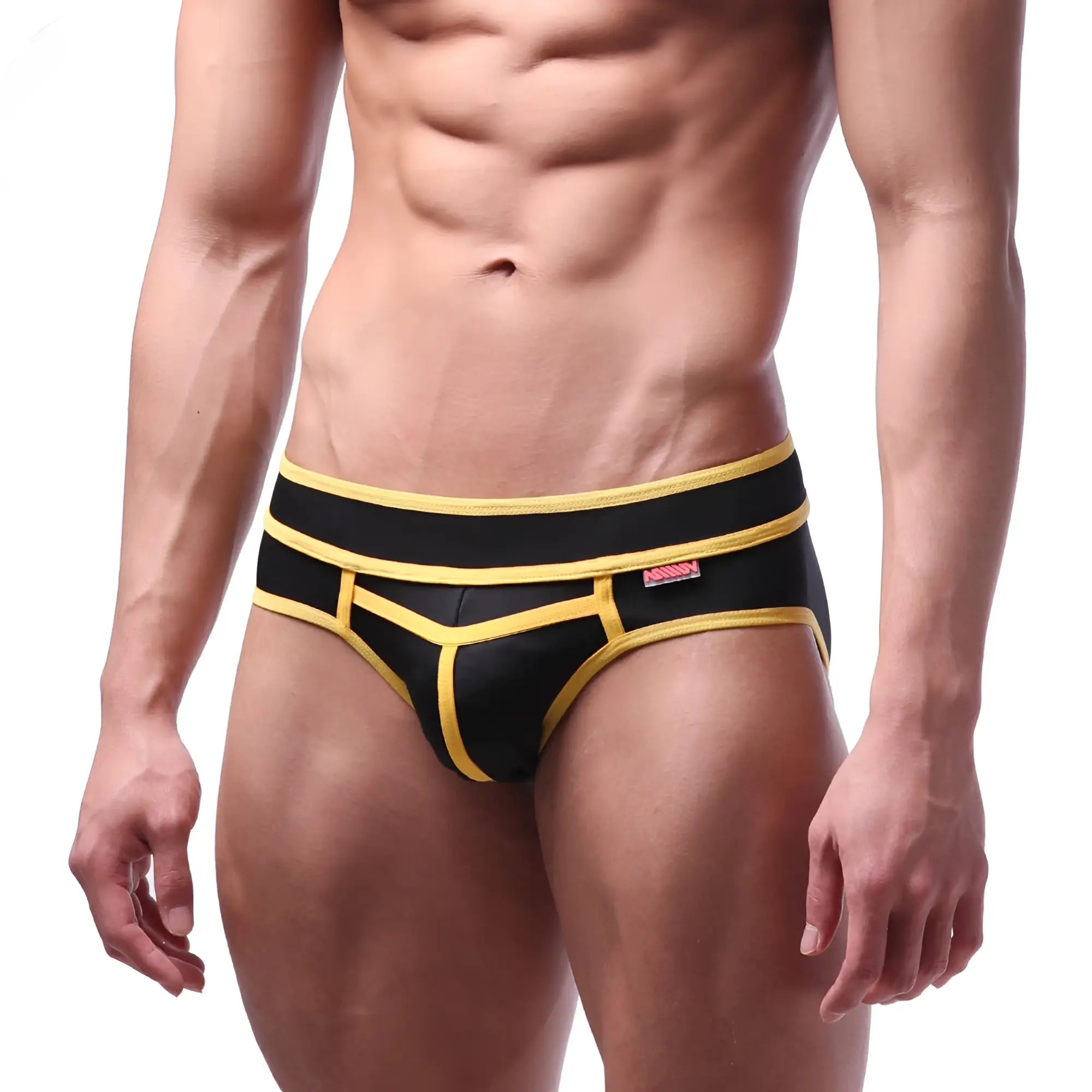 Metro male wear bold swim brief yellow features black and yellow geometric design athletic briefs for active use
