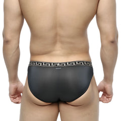 MetroMaleWear bolero bikini black mesh briefs with black and silver greek key patterned waistband front view