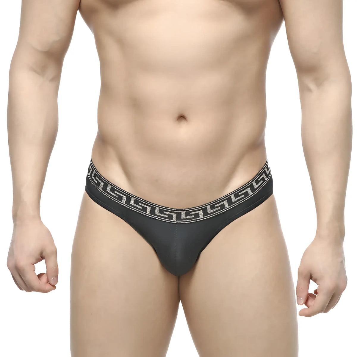 Black thong with white greek key waistband pattern from metromalewear bolero bikini 5105-20 showing back side