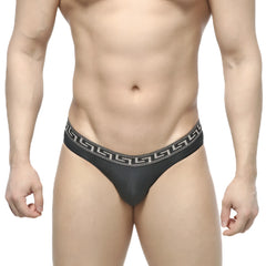 Black thong with white greek key waistband pattern from metromalewear bolero bikini 5105-20 showing back side
