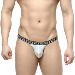 MetroMalewear bolero thong white with black greek key patterned waistband front view in soft fabric