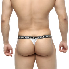White metro malware bolero thong with black and silver greek key patterned waistband shown from the back