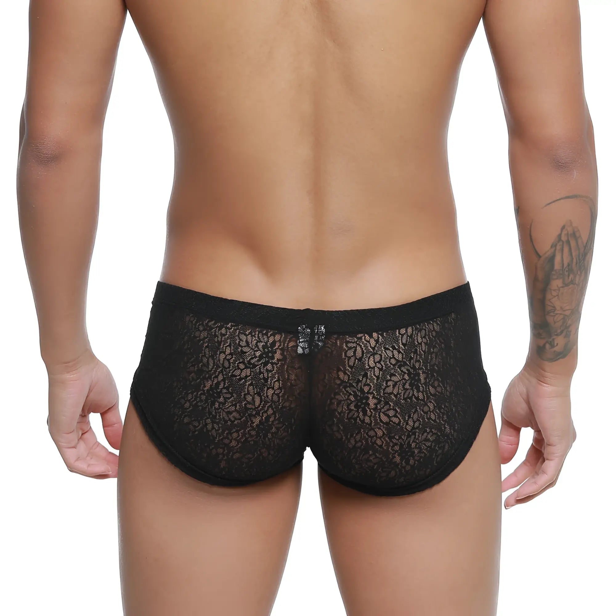 Black lace briefs with delicate floral pattern and solid black waistband from MetroMaleWear Bordado trunk 2125-53