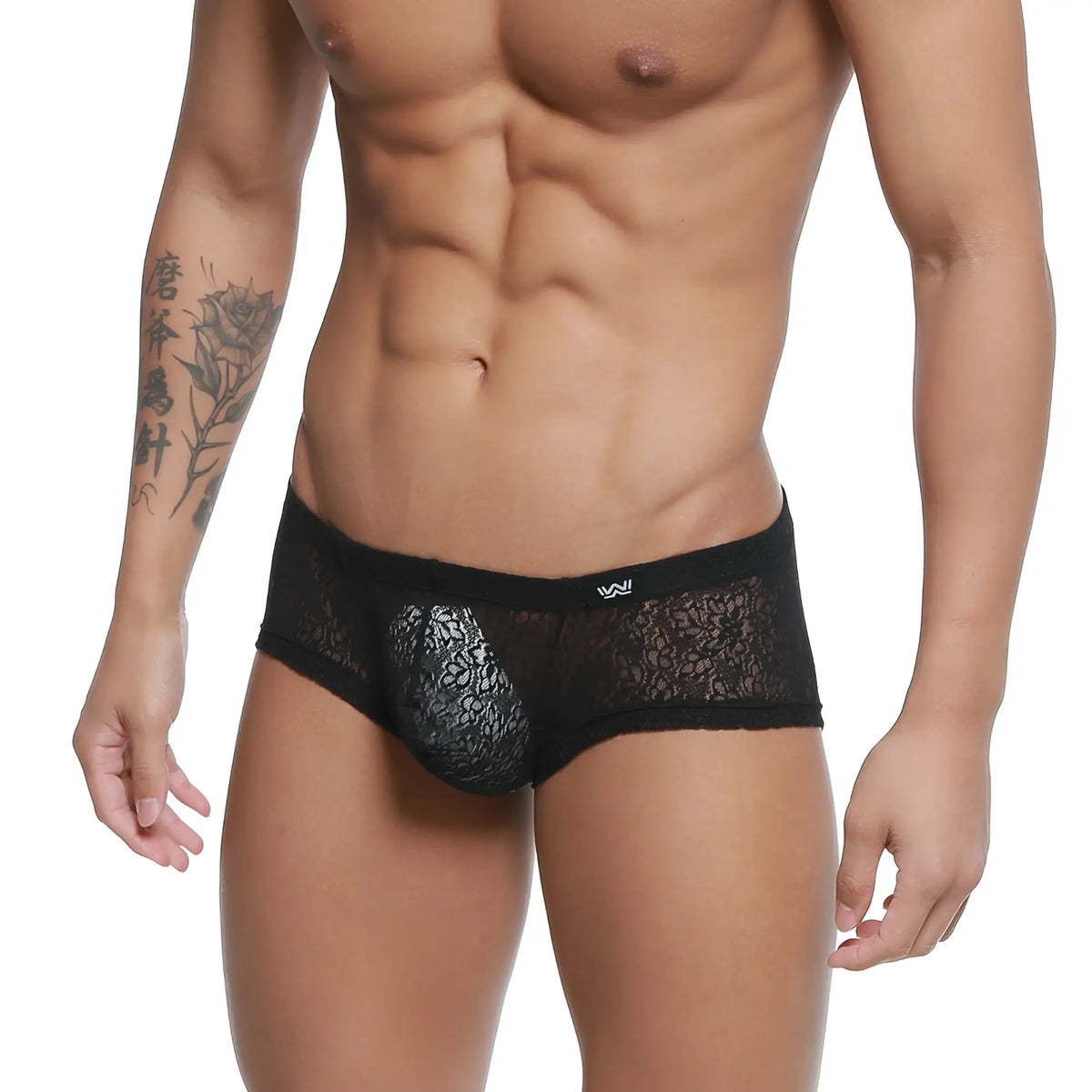 Black lace MetroMaleWear Bordado trunk mens underwear in sheer patterned fabric with branded waistband in black