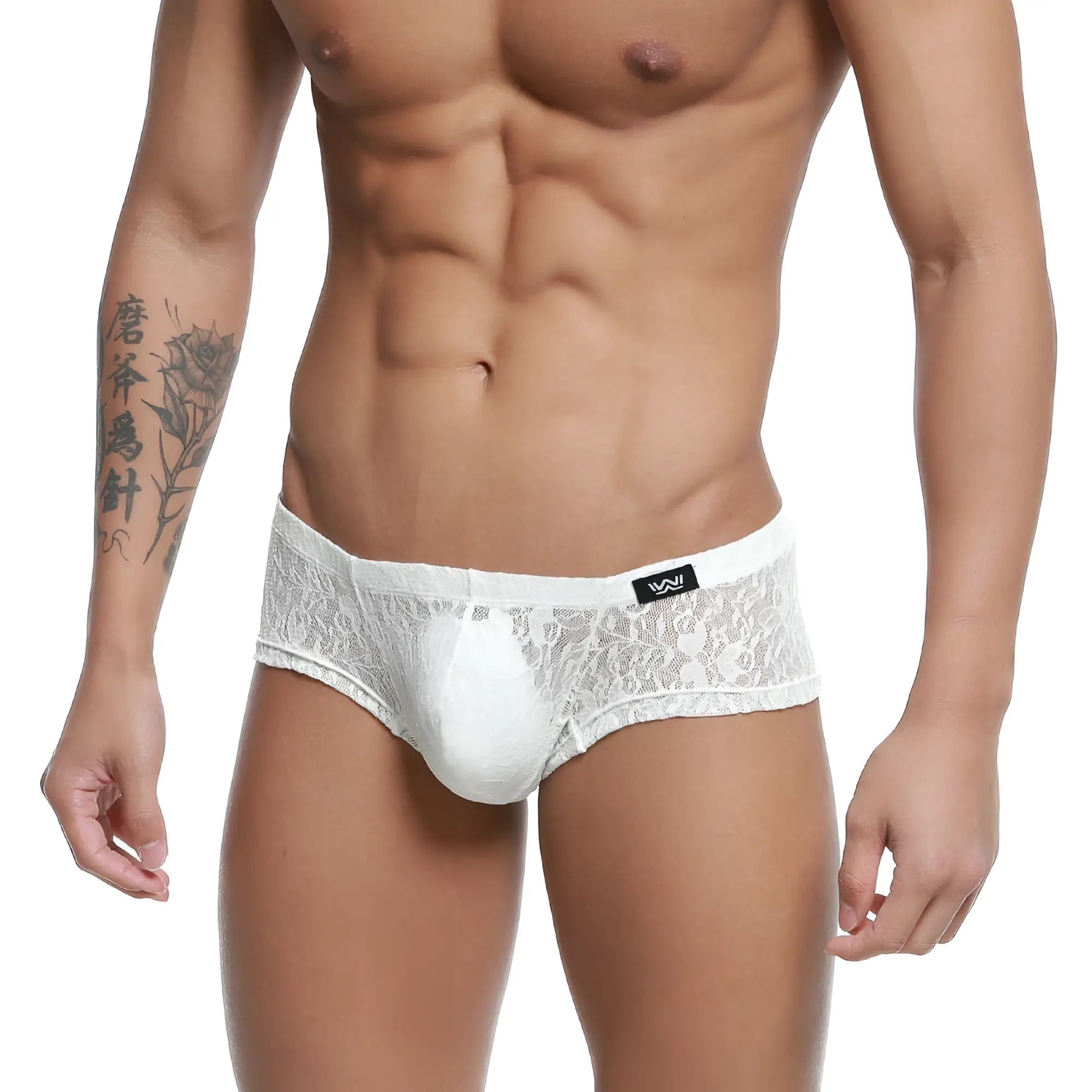 White lace men’s underwear trunk with solid ivory panel and black metro male wear brand tag