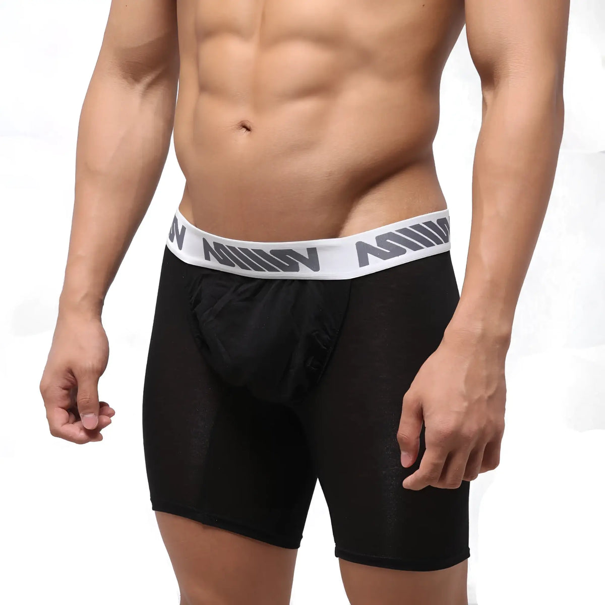Black mens boxer briefs with white elastic waistband and gray asian lettering metro male wear bosillo bold long boxer