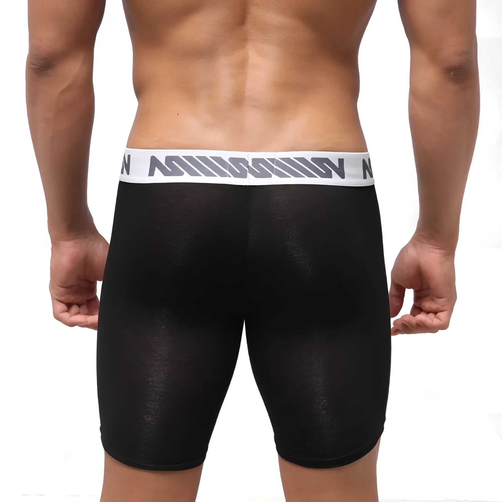 Black sheer athletic briefs with white waistband featuring gray stripes and nin logo from MetroMaleWear Bosillo Bold Long Boxer