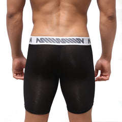 Black sheer athletic briefs with white waistband featuring gray stripes and nin logo from MetroMaleWear Bosillo Bold Long Boxer