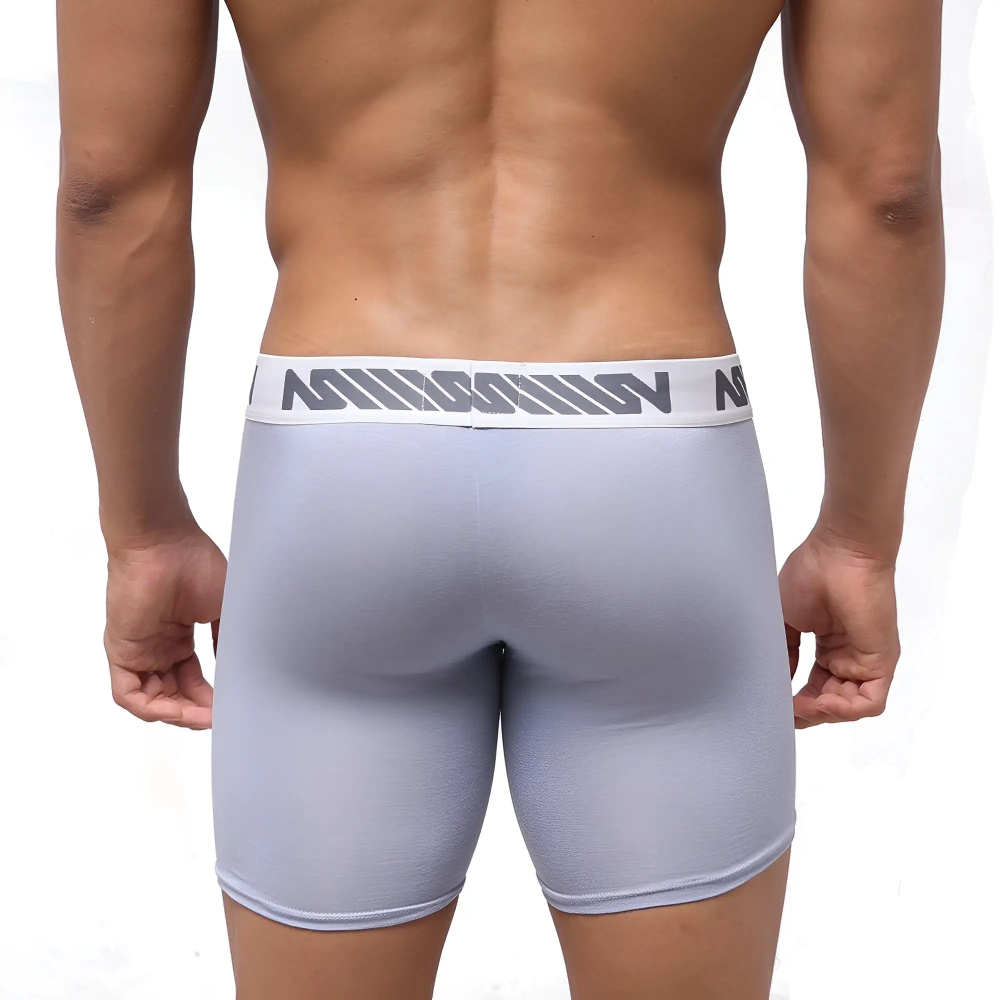 Gray athletic briefs with white waistband and gray geometric logo pattern from metromalewear bosillo bold long boxer line