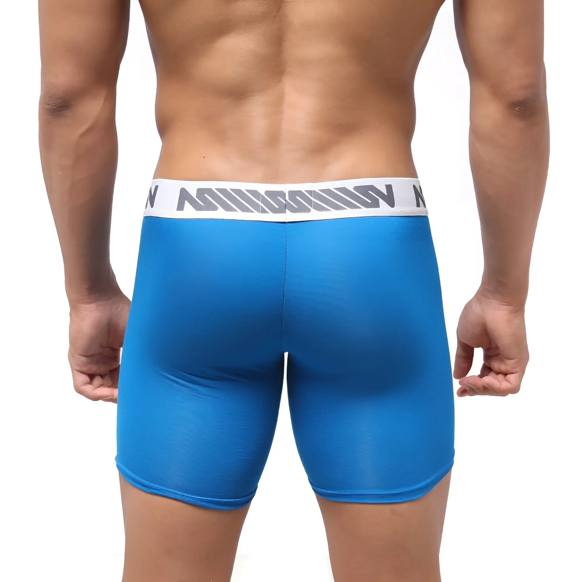 Blue men’s boxer briefs metroMaleWear bosillo bold long boxer royal blue with white elastic waistband and gray stripes
