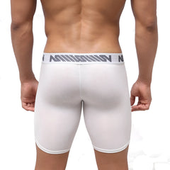 White MetroMaleWear Bosillo Bold long boxer compression shorts with gray logo band at the waist for men