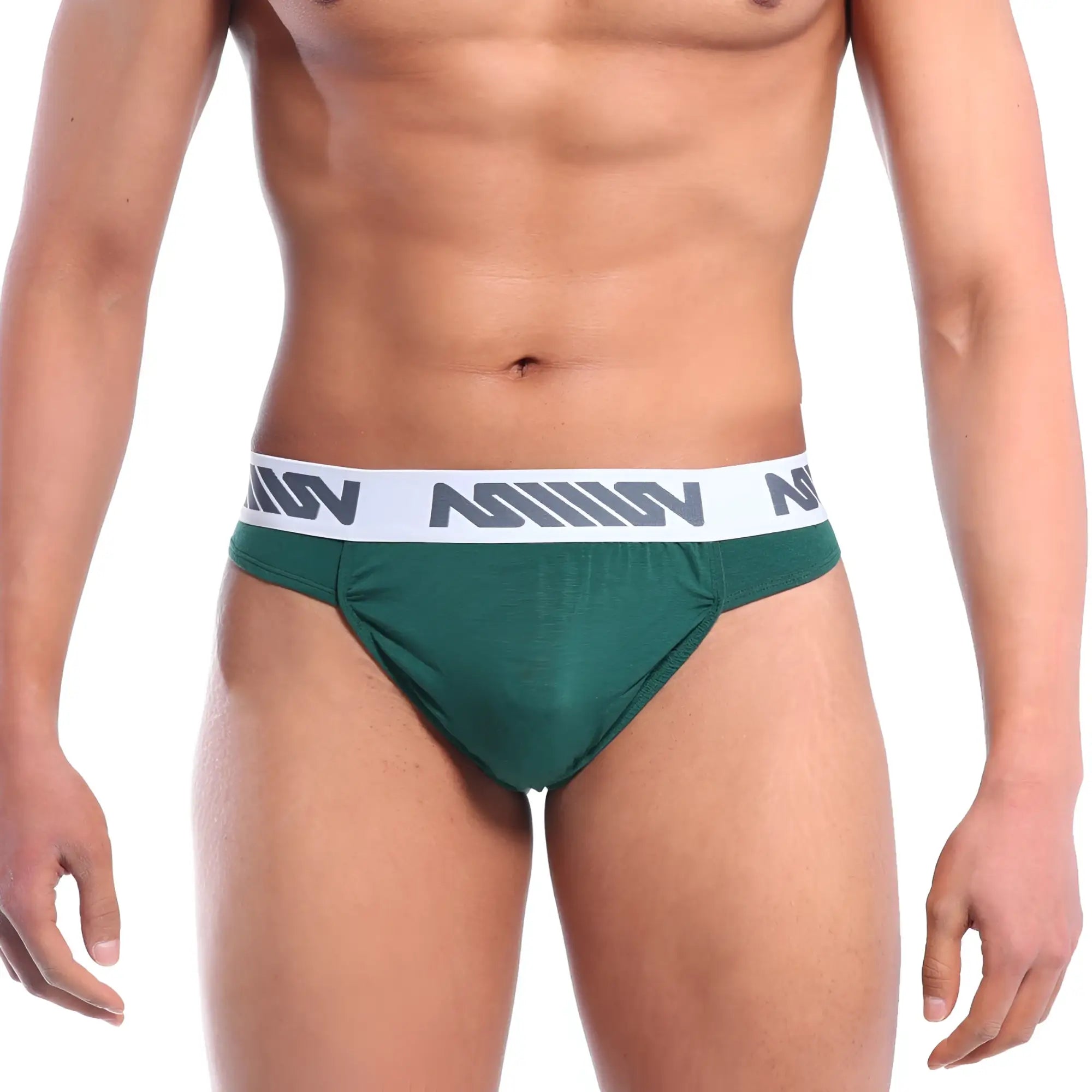 Dark green MetroMaleWear Bosillo Bold athletic briefs with white elastic waistband and gray logo pattern
