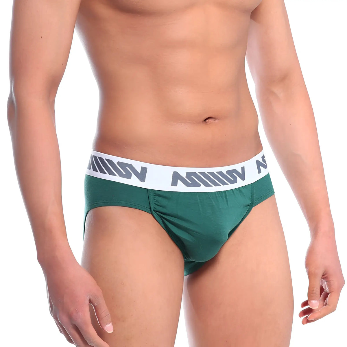 Green mens briefs MetroMaleWear Bosillo Brief pine green with white elastic waistband and repeating gray logo pattern