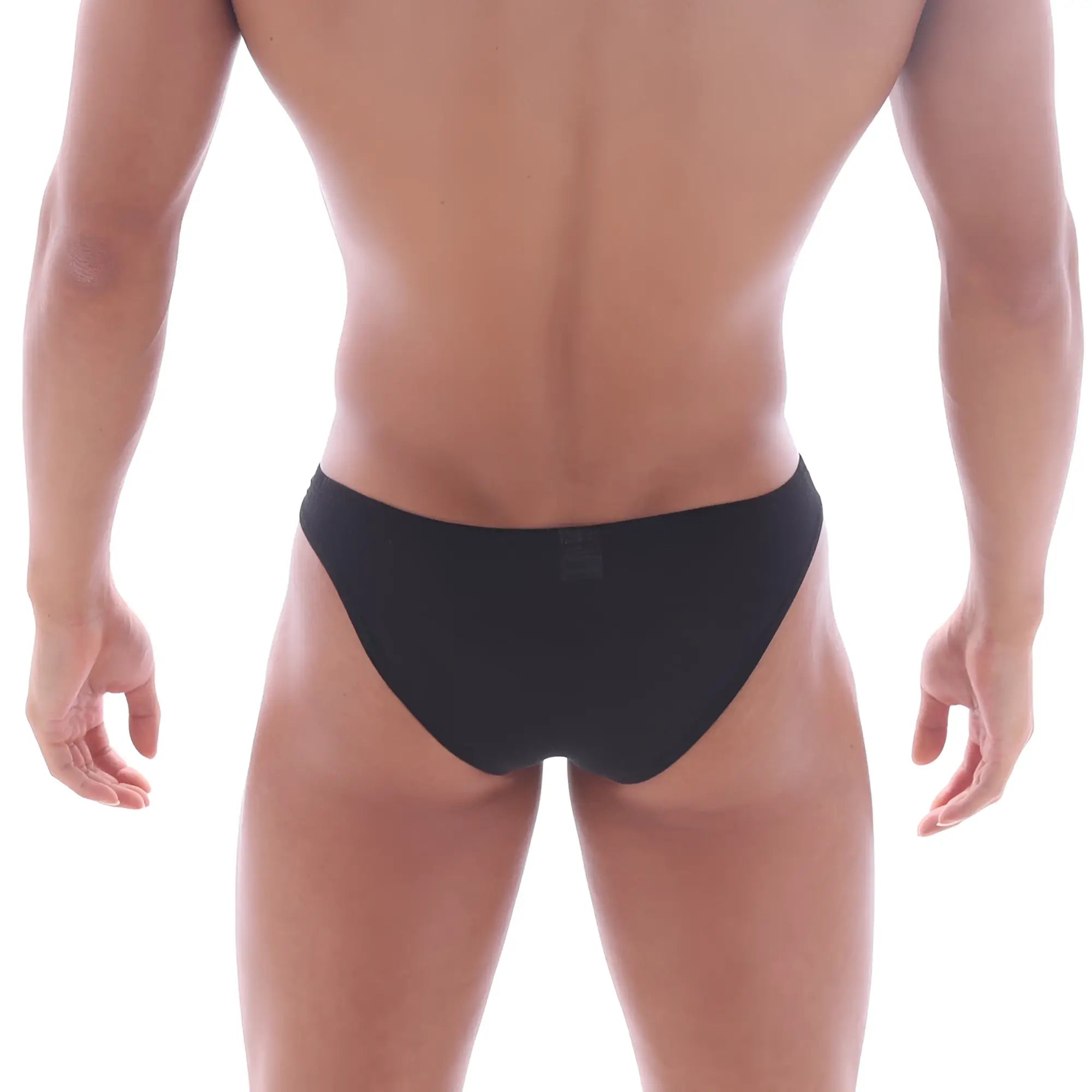 Black briefs with a smooth form-fitting design shown from the back metroMaleWear Bosillo half back bikini black 3504-20