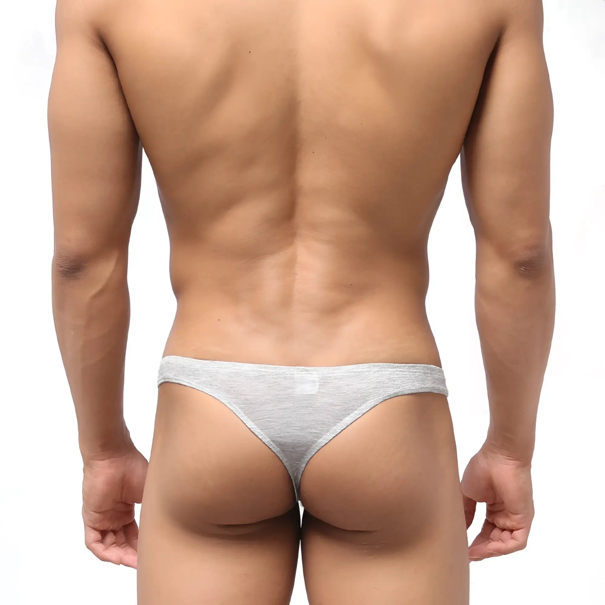 Gray heathered metro malewear bosillo half back bikini briefs with snug form fitting design shown from the back