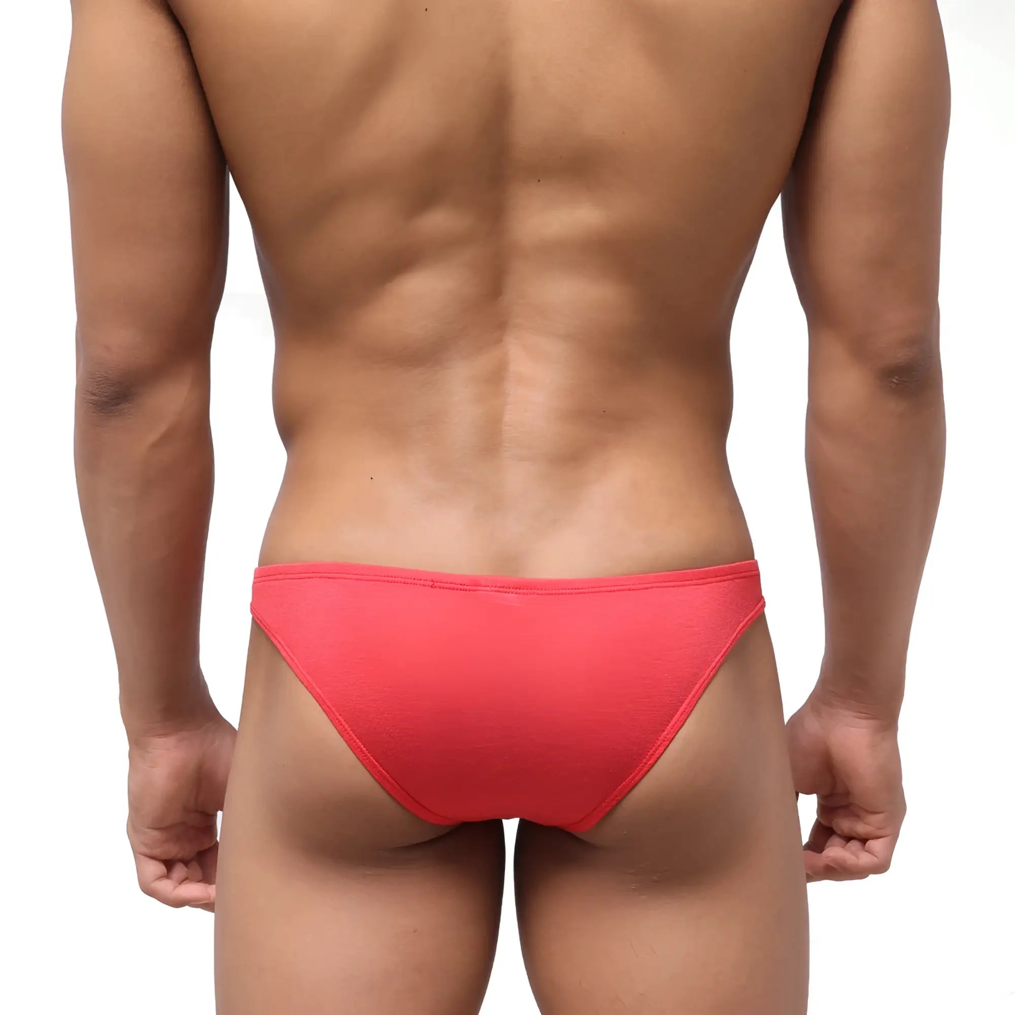 Bright coral-red seamless textured briefs metroMaleWear bosillo half back bikini showing the back side