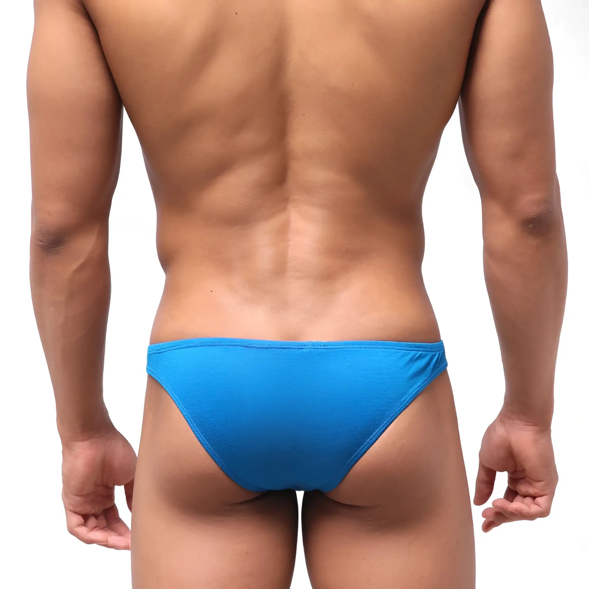 Bright blue metro male wear bosillo half back bikini swim trunks with smooth stretchy fabric and sleek design shown from back
