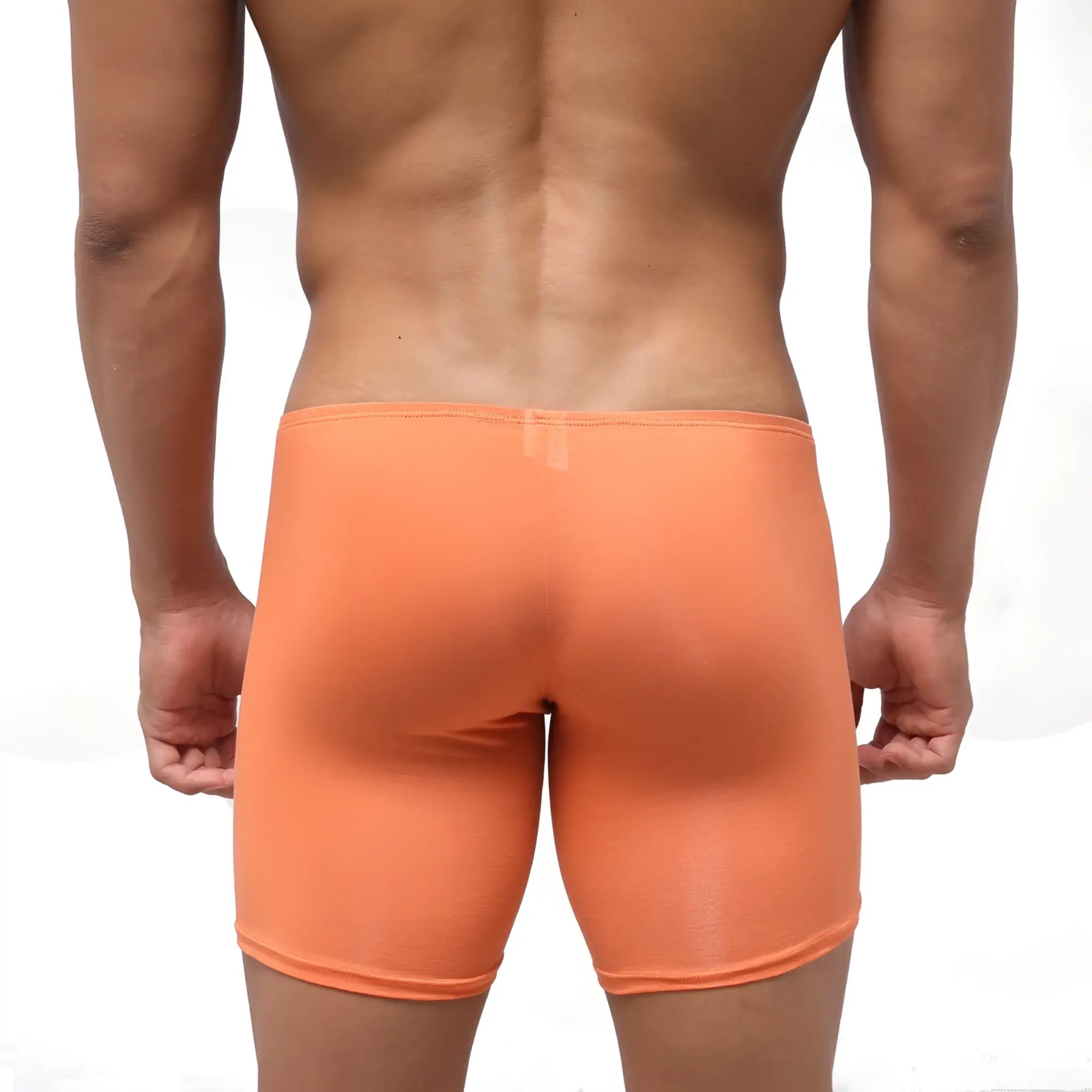 Orange stretchy briefs by metromalewear featuring bosillo long boxer peach style with comfortable fit and soft fabric