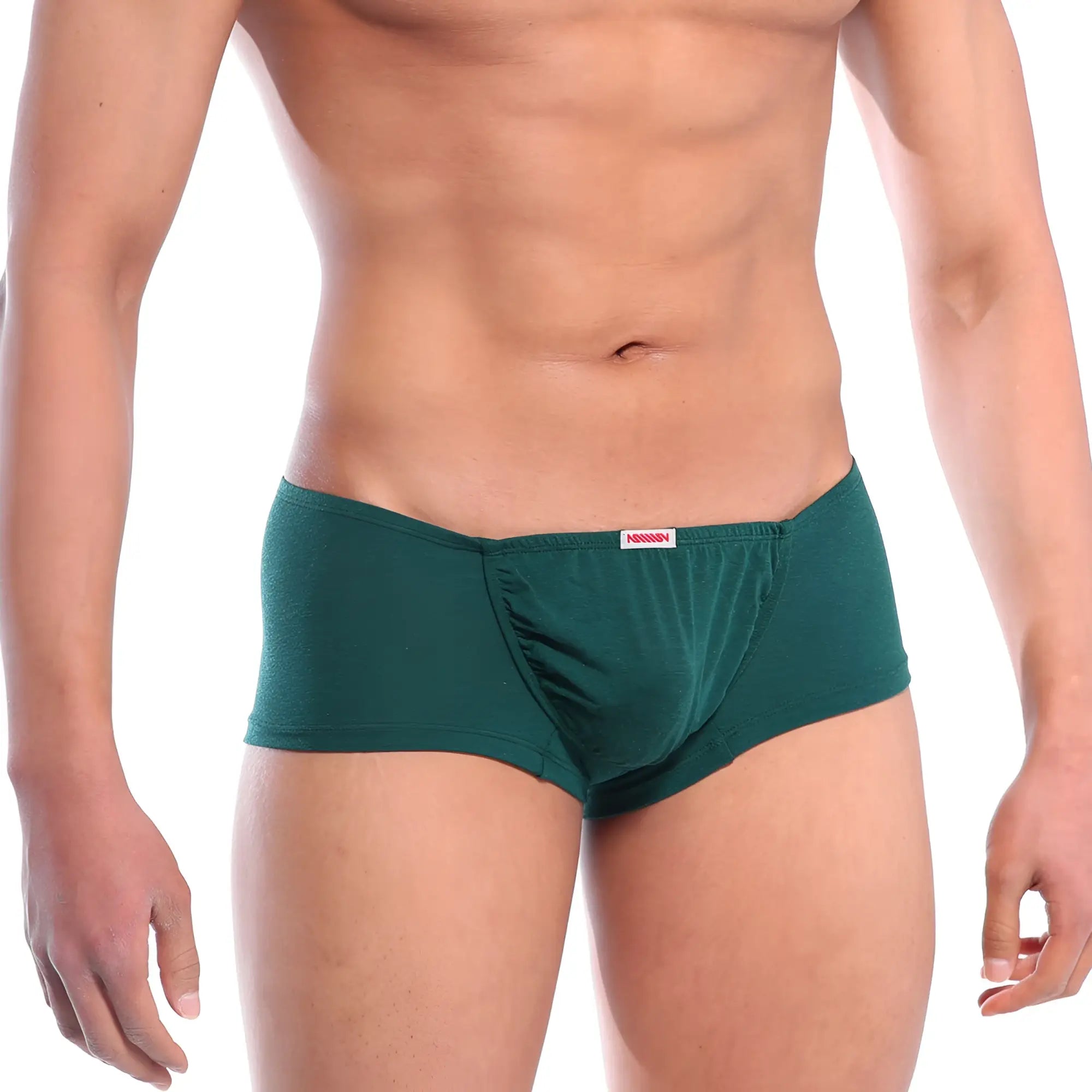 Dark green metroMalewear bosillo short boxer briefs with subtle textured fabric and red brand tag at waistband