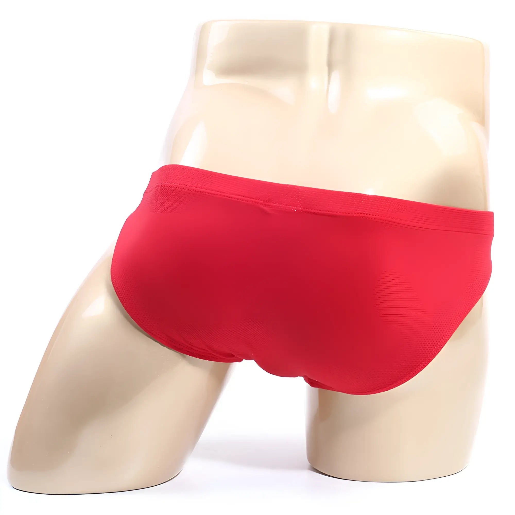 Red briefs metroMalewear bravo bikini 7103-12 displayed on mannequin highlighting sleek design and vibrant color