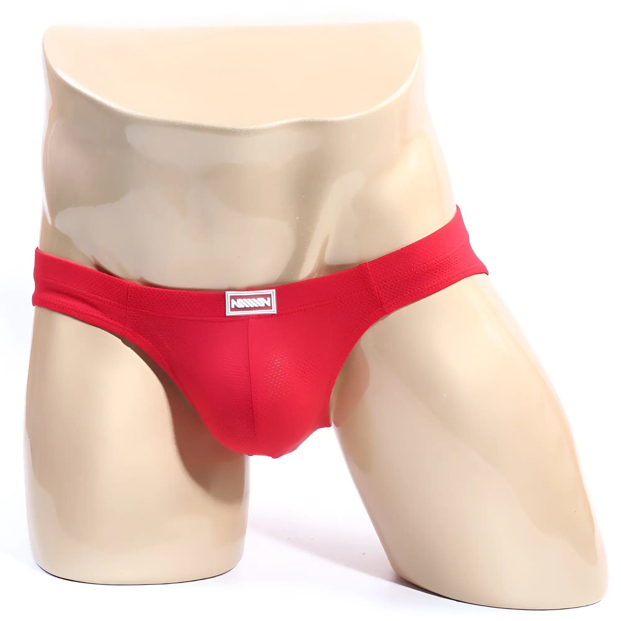 Red men’s briefs metro malewear bravo bikini with small rectangular brand tag on waistband in vibrant red