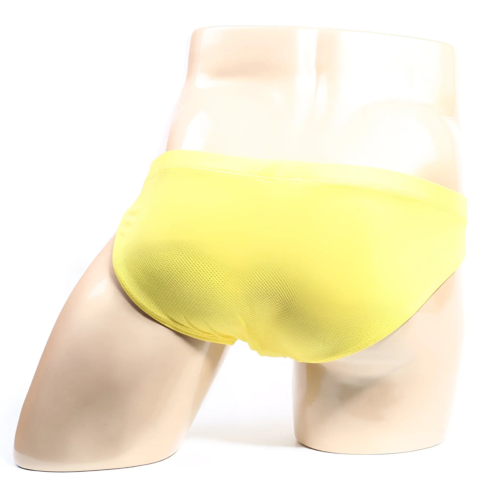 Bright yellow metroMalewear bravo bikini briefs displayed on a mannequin showcasing vibrant color and snug fit