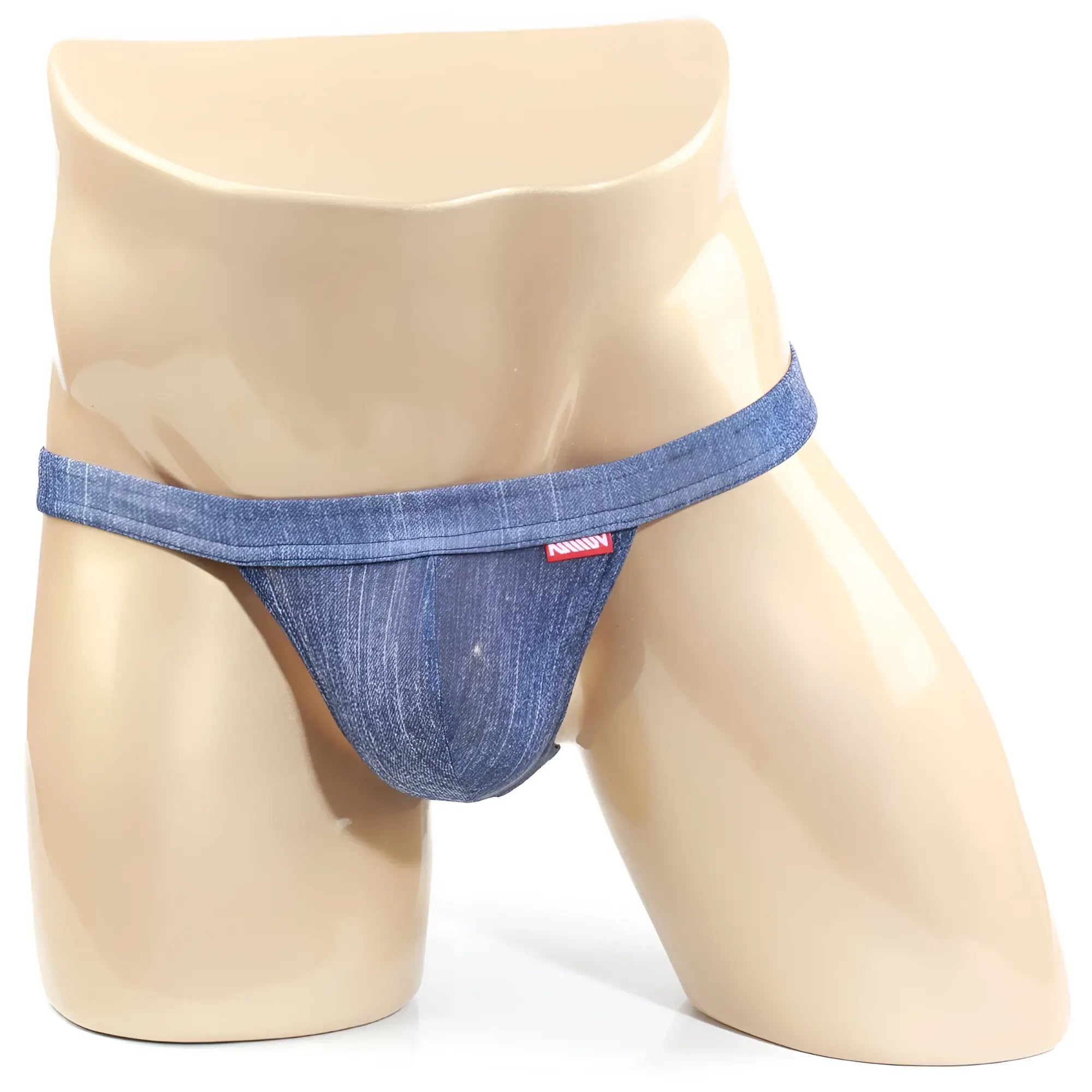 Blue denim thong with red metro malewear brand tag on waistband from brazilian bikini denim 1124-62 collection