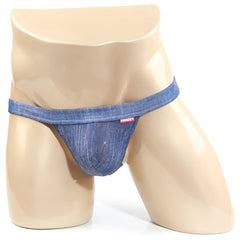 Blue denim thong with red metro malewear brand tag on waistband from brazilian bikini denim 1124-62 collection